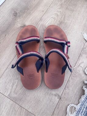 Teva Leather Footbed Sandals with Navy and Red Accents